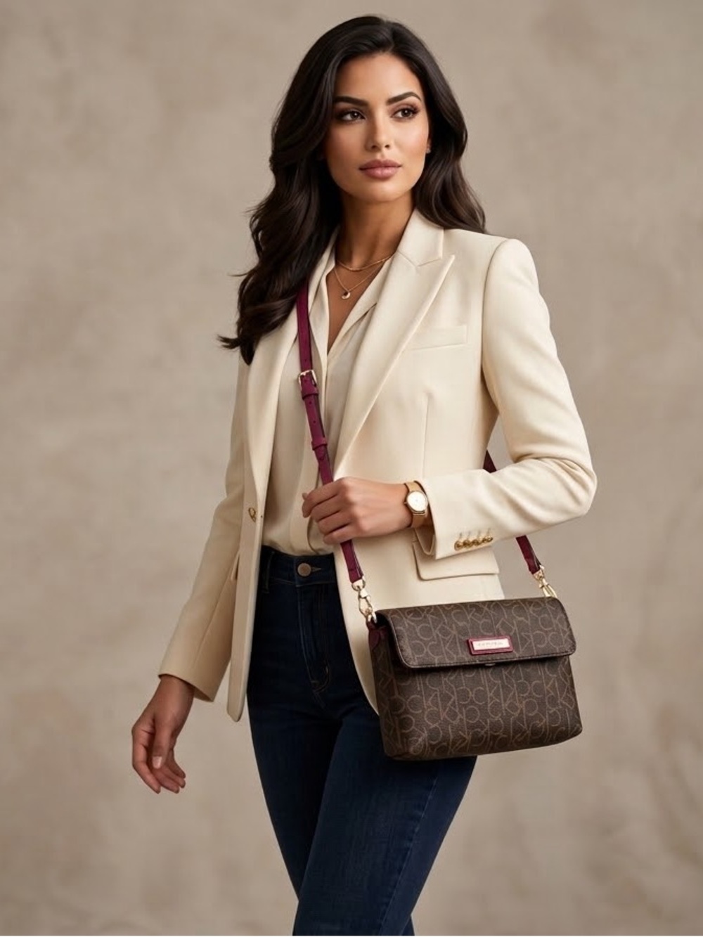 Calvin Klein Signature Monogram Crossbody Bag with Magenta Trim
